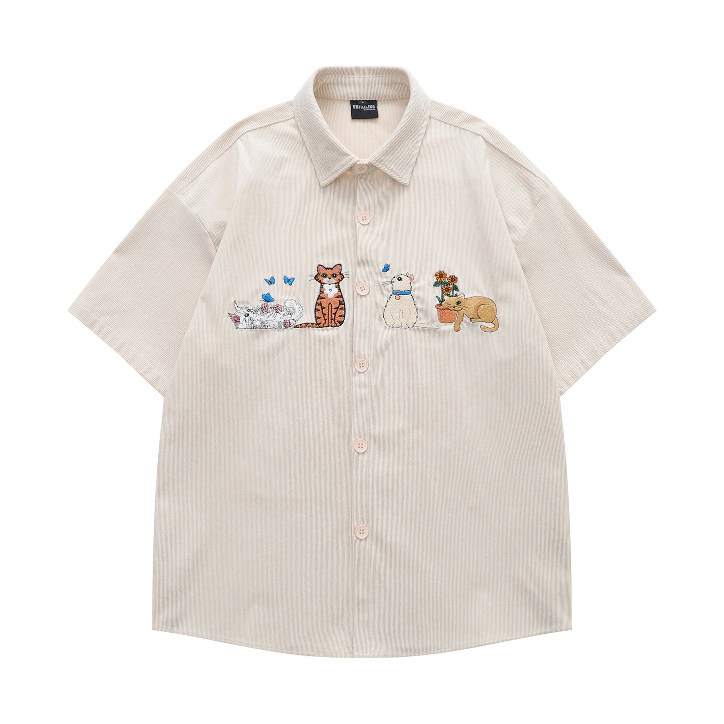 𝔼mbro 𝕊hirt𒉽美式復古趣味貓咪繡花燈芯絨短袖襯衫(杏色)
