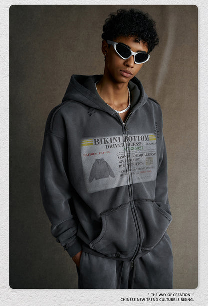 snɔoɟ uoı̣snɟ -  2025秋冬美式潮牌做舊水洗印花連帽開衫拉鏈外套  Ｅ-761