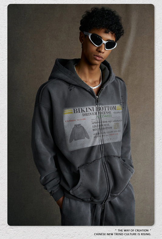 snɔoɟ uoı̣snɟ -  2025秋冬美式潮牌做舊水洗印花連帽開衫拉鏈外套  Ｅ-761