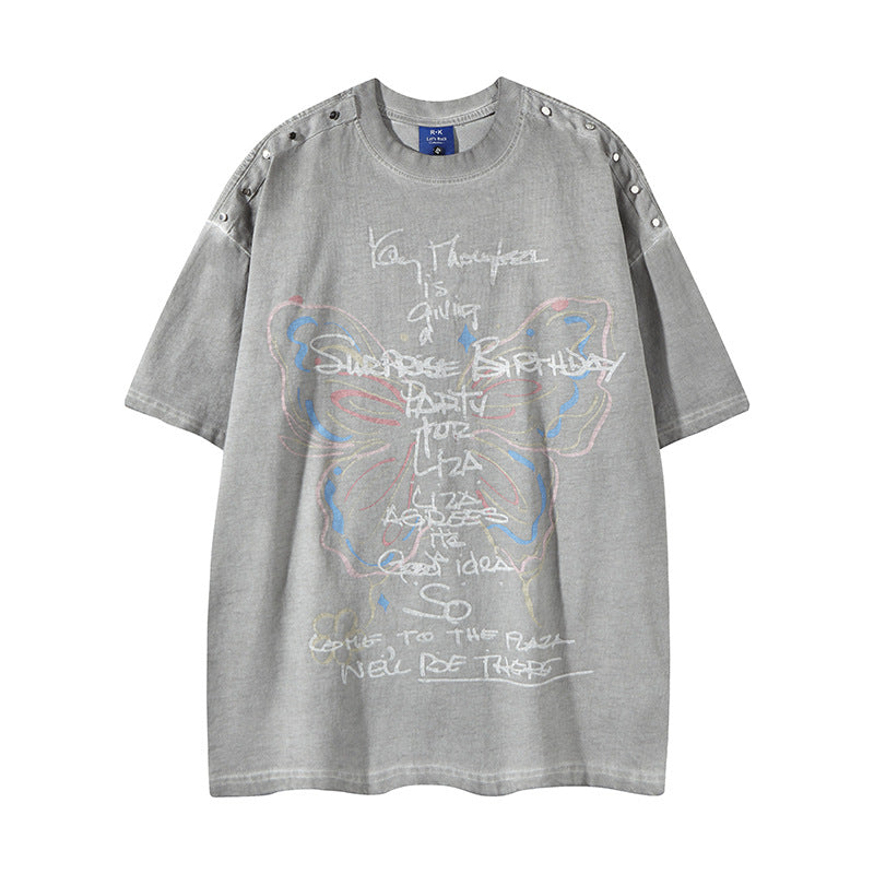 𝕃oose 𝔽it ☞𝟤𝟢𝟤𝟧 ☜美式復古炫彩蝴蝶印花風格男女中性 T-Shirt寬版上衣 RK99