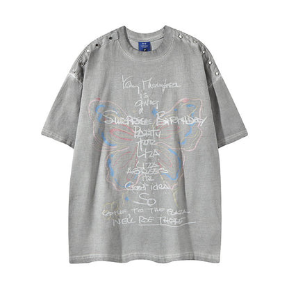 𝕃oose 𝔽it ☞𝟤𝟢𝟤𝟧 ☜美式復古炫彩蝴蝶印花風格男女中性 T-Shirt寬版上衣 RK99