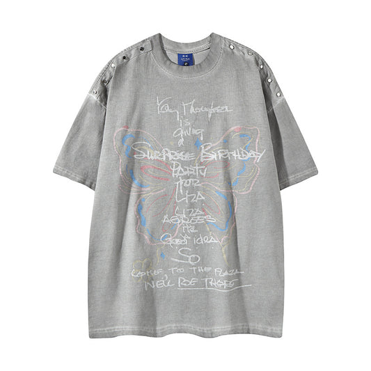 𝕃oose 𝔽it ☞𝟤𝟢𝟤𝟧 ☜美式復古炫彩蝴蝶印花風格男女中性 T-Shirt寬版上衣 RK99