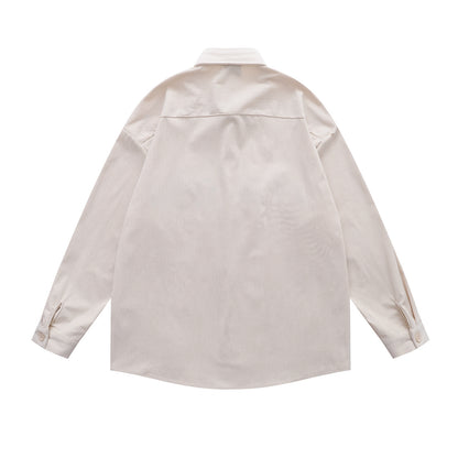 𝔼mbro 𝕊hirt𒉽日式復古刺繡設計感燈芯絨寬鬆襯衫外套(杏色)