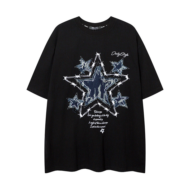 𝕃oose 𝔽it ☞𝟤𝟢𝟤𝟧 ☜美式復古荊棘星星牛仔貼布圓領男女中性 T-Shirt寬版上衣 D-X211