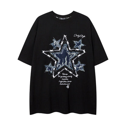 𝕃oose 𝔽it ☞𝟤𝟢𝟤𝟧 ☜美式復古荊棘星星牛仔貼布圓領男女中性 T-Shirt寬版上衣 D-X211