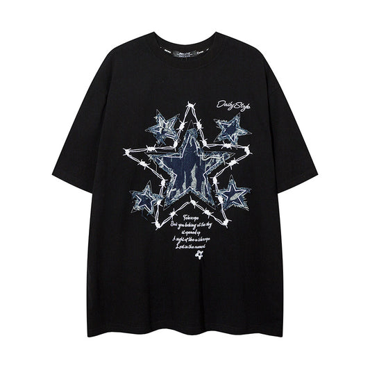 𝕃oose 𝔽it ☞𝟤𝟢𝟤𝟧 ☜美式復古荊棘星星牛仔貼布圓領男女中性 T-Shirt寬版上衣 D-X211