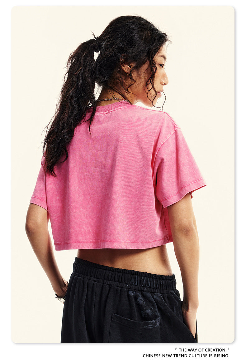 Fierce & Fitted 夏季美式復古做舊辣妹短款T袖N-7 水洗玫紅