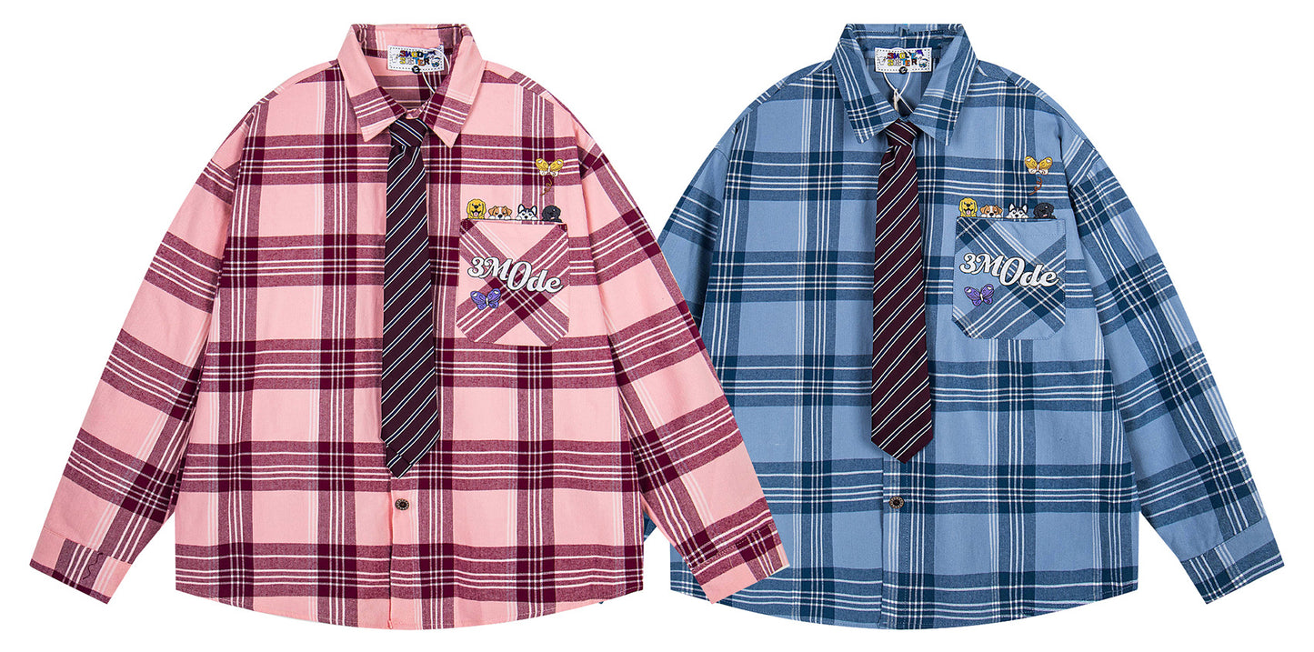 𝔼mbro 𝕊hirt𒉽2025秋冬領帶系列格子寬鬆襯衫外套MO-17