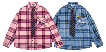 𝔼mbro 𝕊hirt𒉽2025秋冬領帶系列格子寬鬆襯衫外套MO-17