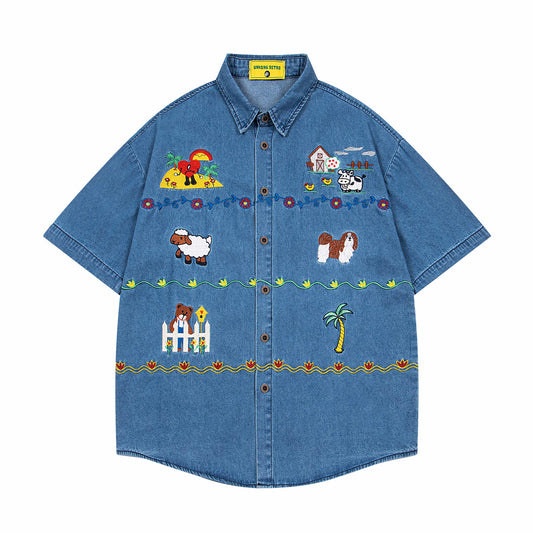 𝔼mbro 𝕊hirt𒉽美式復古趣味刺繡短袖牛仔襯衫外套 (淺藍)