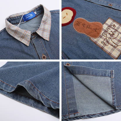 𝔼mbro 𝕊hirt𒉽美式復古可愛小狗刺繡牛仔休閒襯衫外套I-710