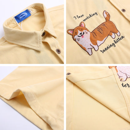 𝔼mbro 𝕊hirt𒉽美式復古可愛狗狗刺繡百搭寬鬆襯衫 IN639