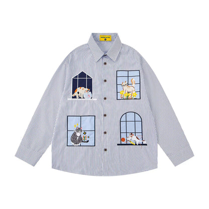 𝔼mbro 𝕊hirt𒉽2025秋冬小貓圖案刺繡條紋襯衫N-46