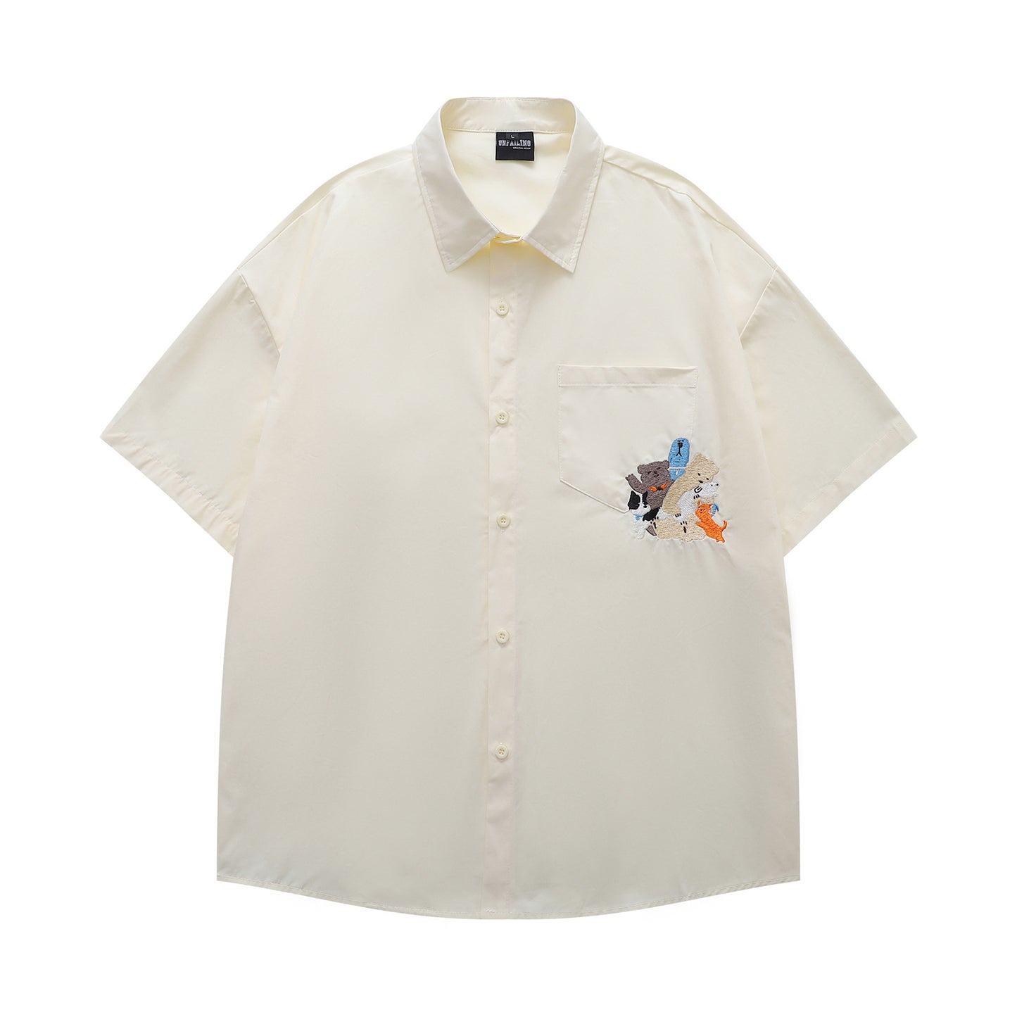 𝔼mbro 𝕊hirt𒉽日式復古可愛刺繡短袖百搭休閒襯衫  (米黃色)