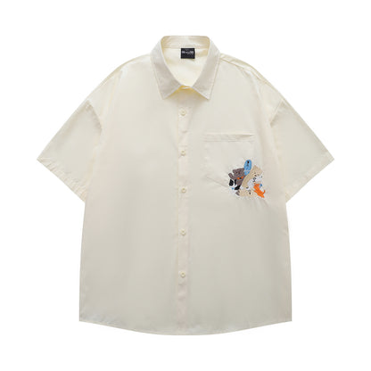 𝔼mbro 𝕊hirt𒉽日式復古可愛刺繡短袖百搭休閒襯衫  (米黃色)