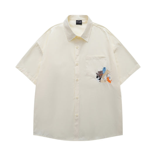 𝔼mbro 𝕊hirt𒉽日式復古可愛刺繡短袖百搭休閒襯衫  (米黃色)