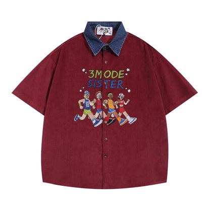 𝔼mbro 𝕊hirt𒉽美式復古水洗圖案刺繡短袖百搭休閒襯衫 3M-2