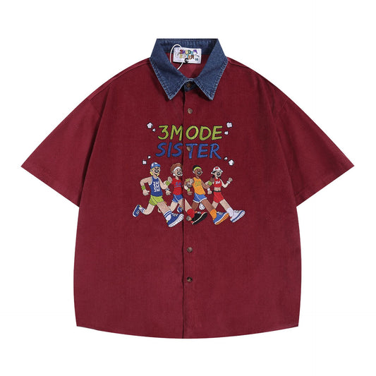 𝔼mbro 𝕊hirt𒉽美式復古水洗圖案刺繡短袖百搭休閒襯衫 3M-2