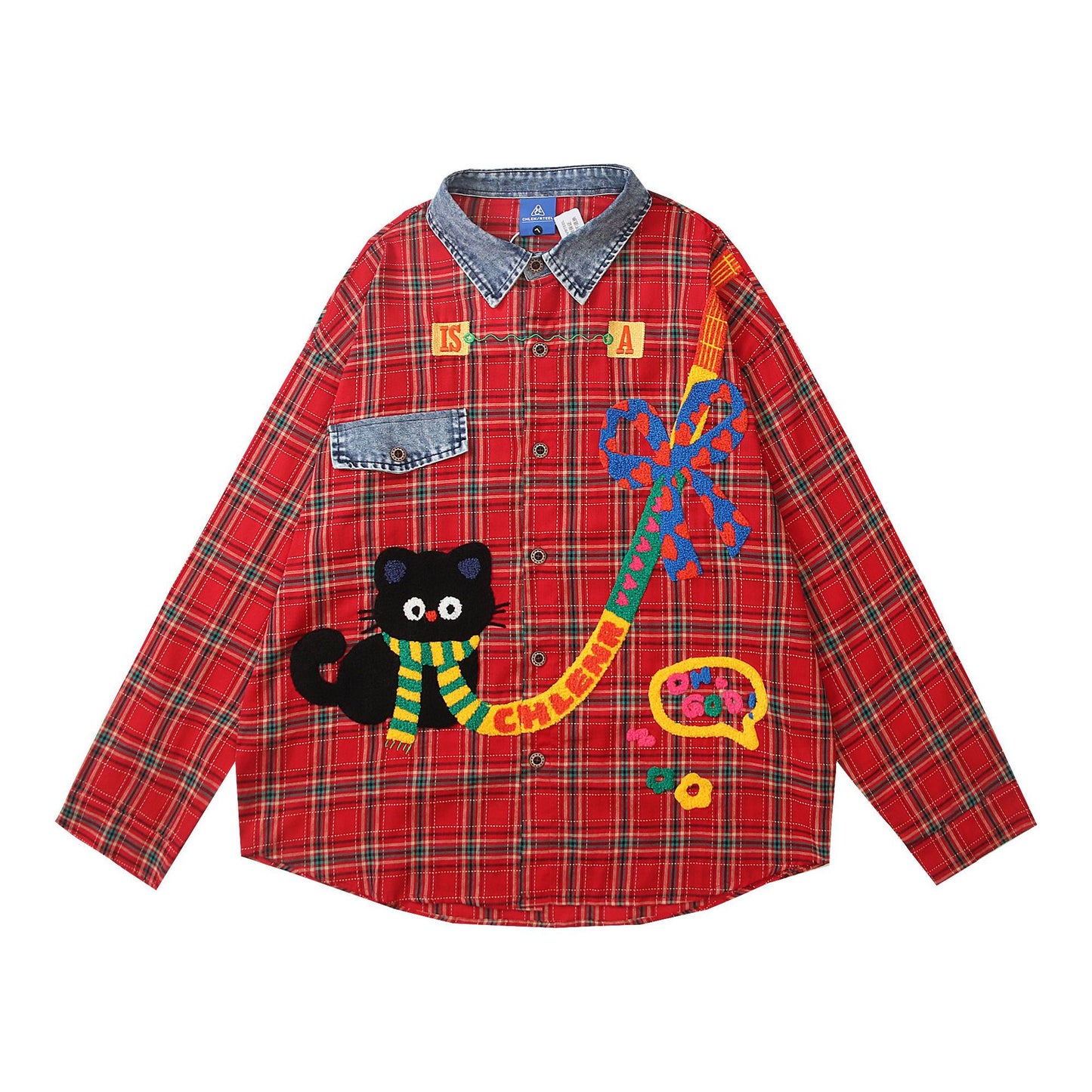 𝔼mbro 𝕊hirt𒉽2025秋冬卡通小貓刺繡寬鬆襯衫外套C-69