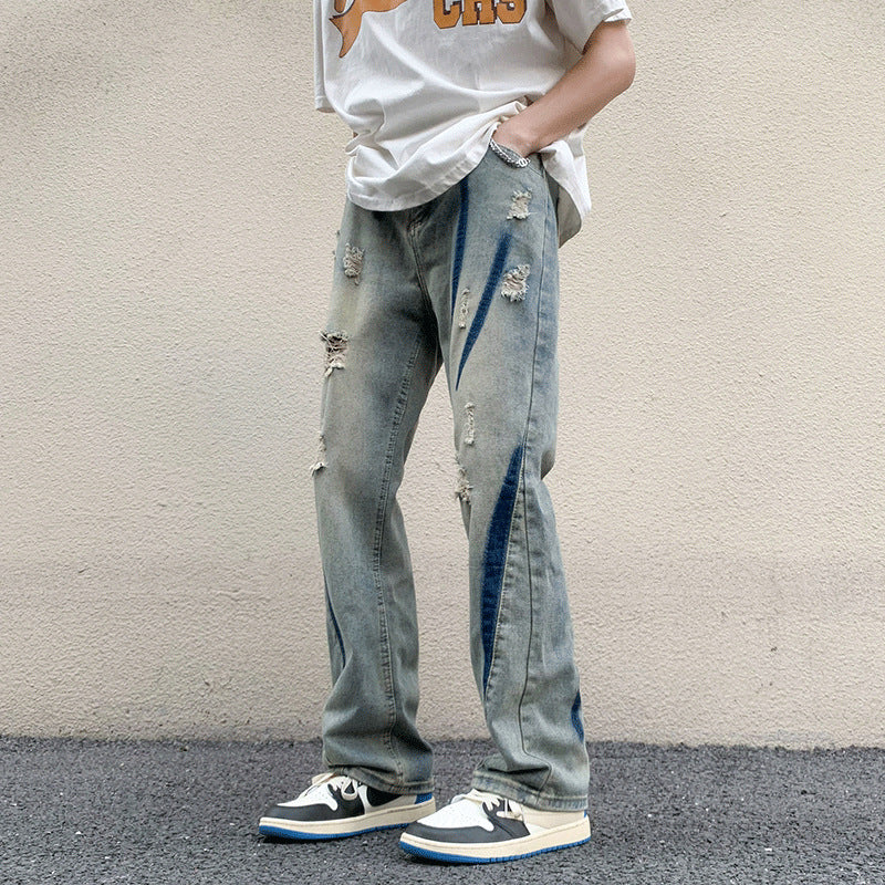 ♜  𝔽𝕦𝕤𝕚𝕠𝕟 𝔽𝕠𝕔𝕦𝕤  𖥟 𝖏𝖊𝖆𝖓𝖘  ☞ 破洞扎染牛仔褲夏季新款ins潮流寬鬆直筒褲時尚氣質闊腿褲 D-106