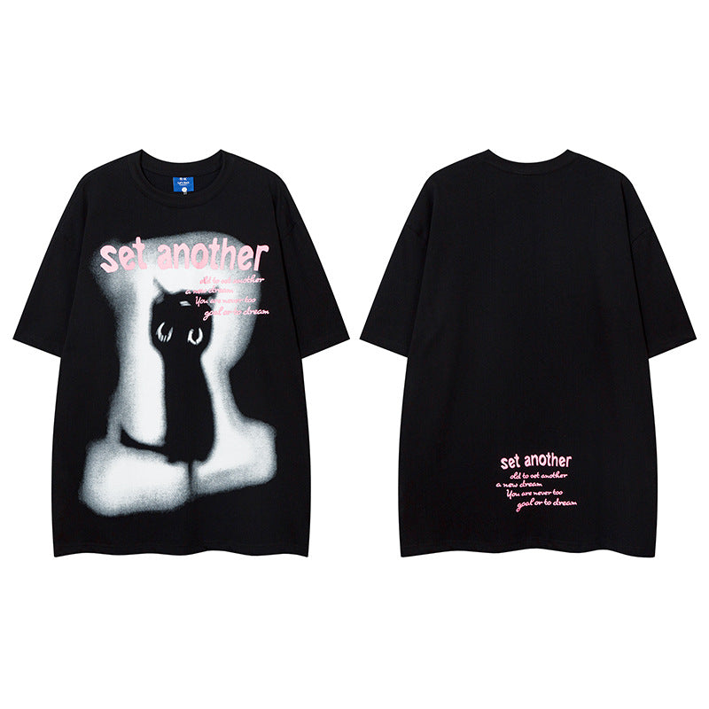 𝕃oose 𝔽it ☞𝟤𝟢𝟤𝟧 ☜美式復古抽象貓咪印花圓領男女中性 T-Shirt寬版上衣 R-13