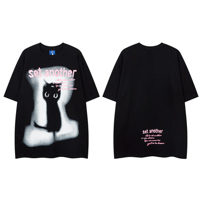 𝕃oose 𝔽it ☞𝟤𝟢𝟤𝟧 ☜美式復古抽象貓咪印花圓領男女中性 T-Shirt寬版上衣 R-13