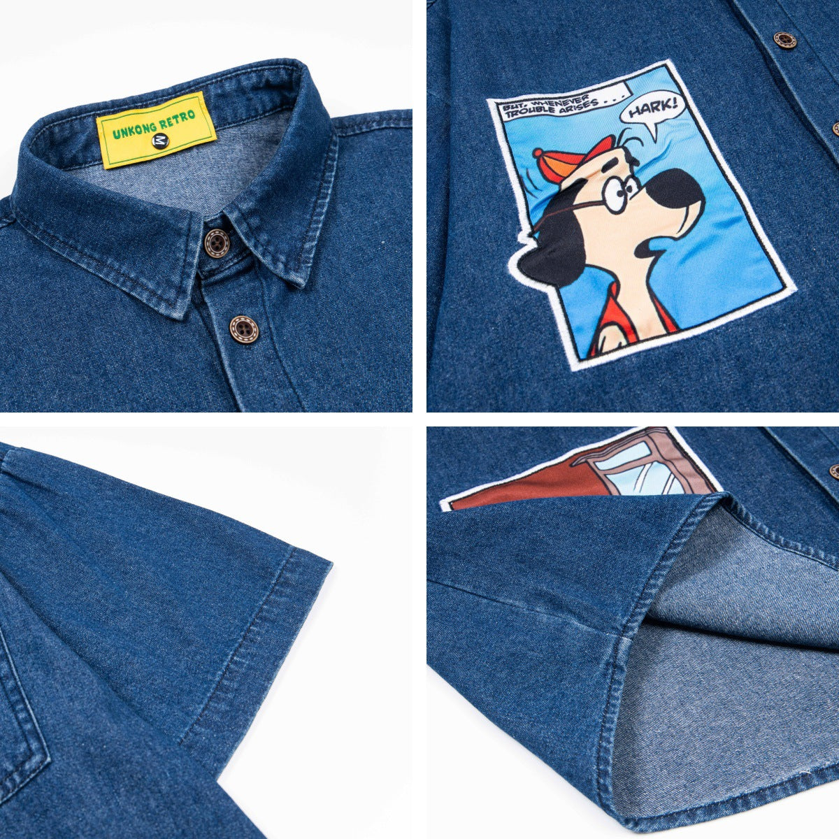 𝔼mbro 𝕊hirt𒉽美式復古趣味卡通貼布繡花短袖牛仔襯衫外套(深藍色)