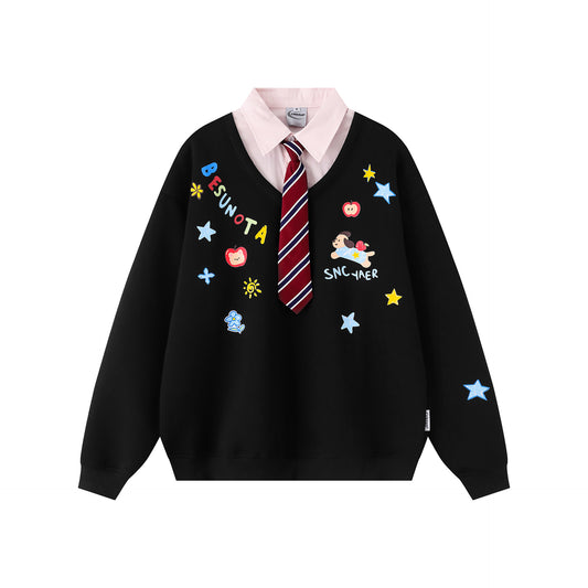 𝔼mbro 𝕊hirt𒉽秋冬復古領帶系列假兩件翻領寬鬆上衣C-55