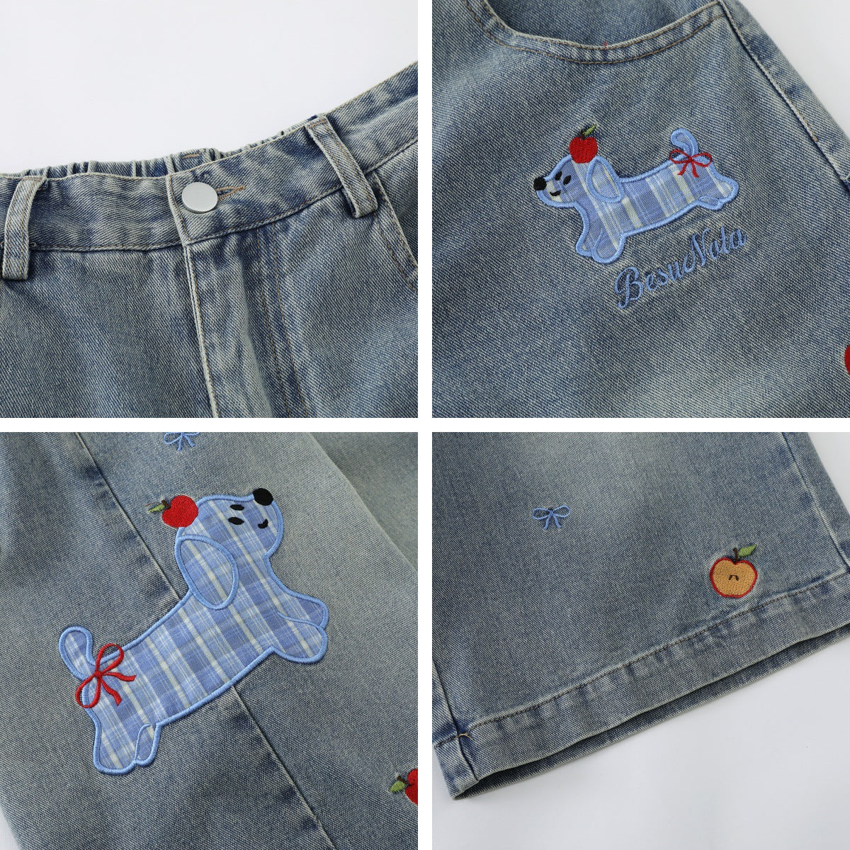 𖥟𝕽𝖊𝖑𝖆𝖝𝖊𝖉 𝖋𝖎𝖙  ☞美式復古小狗刺繡牛仔七分褲C-2