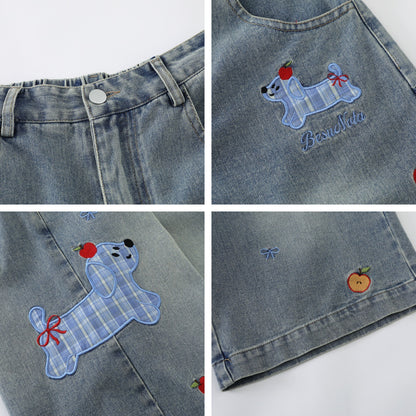 𖥟𝕽𝖊𝖑𝖆𝖝𝖊𝖉 𝖋𝖎𝖙  ☞美式復古小狗刺繡牛仔七分褲C-2