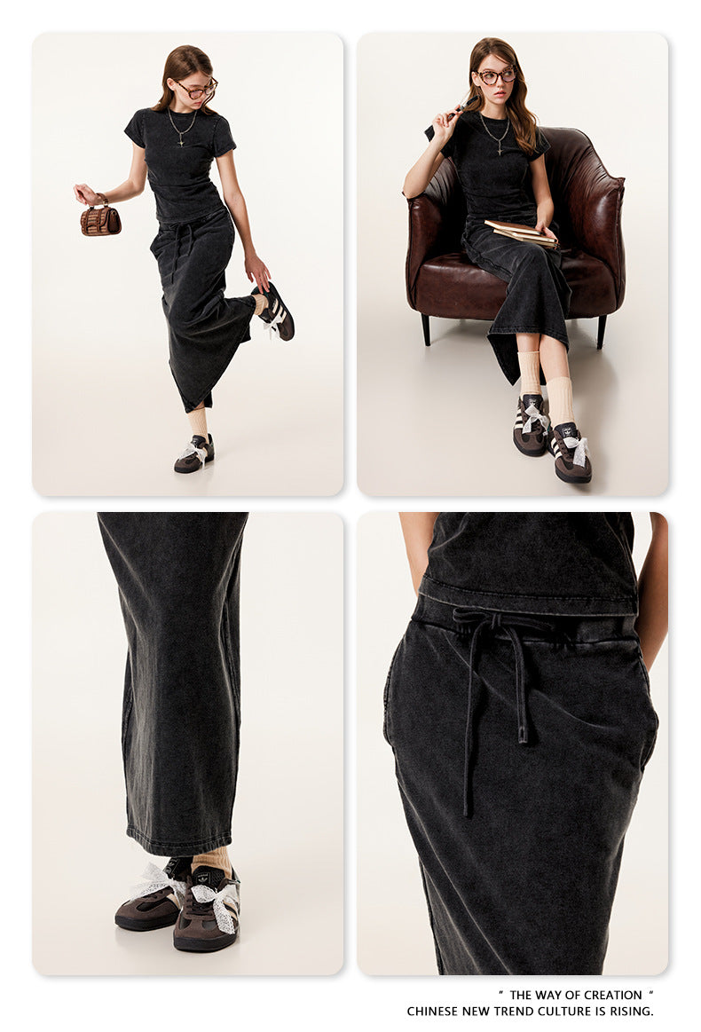 Fierce & Fitted 夏季辣妹必備INS緊身短款上衣 收腰直筒長裙套裝N-7 復古黑