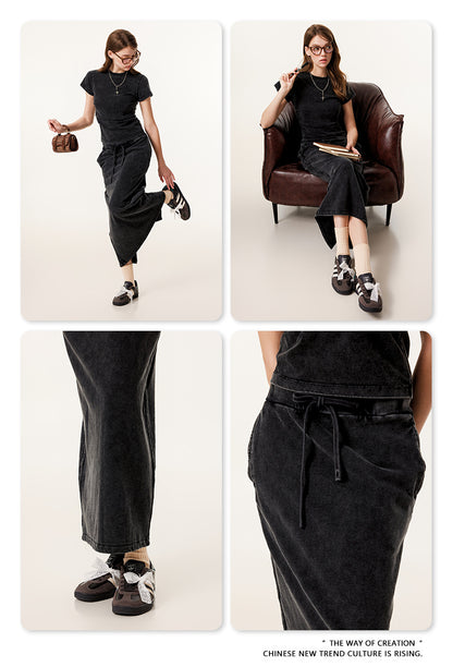 Fierce & Fitted 夏季辣妹必備INS緊身短款上衣 收腰直筒長裙套裝N-7 復古黑