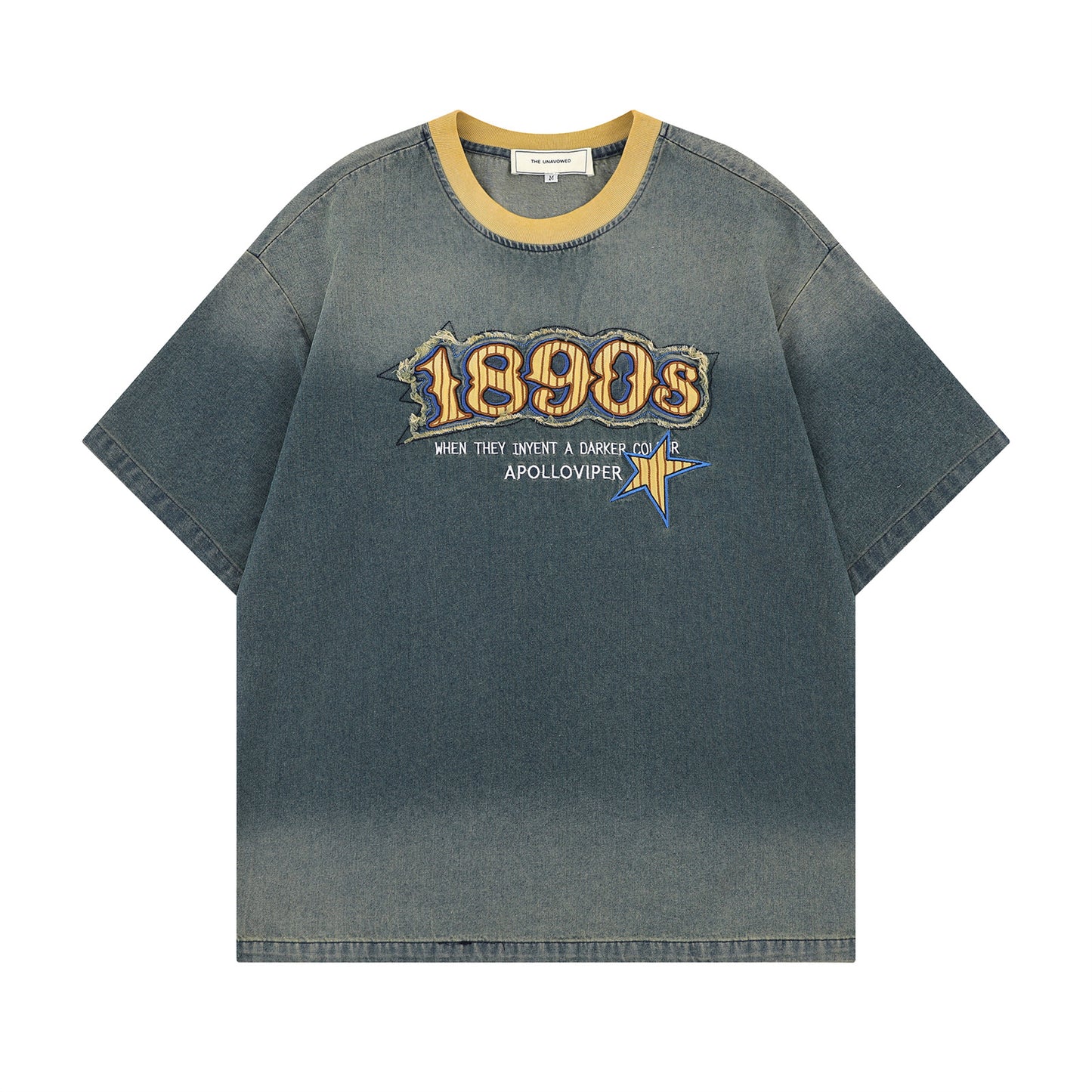 𝕃oose 𝔽it ☞𝟤𝟢𝟤𝟧 ☜美式復古牛仔做舊1890刺繡風格男女中性 T-Shirt寬版上衣 TH508