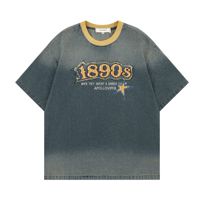𝕃oose 𝔽it ☞𝟤𝟢𝟤𝟧 ☜美式復古牛仔做舊1890刺繡風格男女中性 T-Shirt寬版上衣 TH508