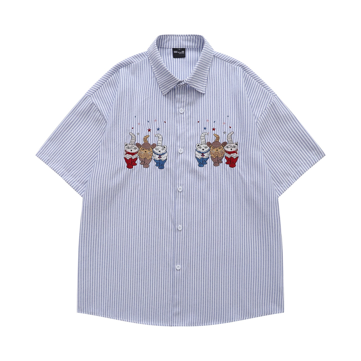 𝔼mbro 𝕊hirt𒉽日式復古可愛貓咪刺繡短袖百搭休閒襯衫 (藍色)