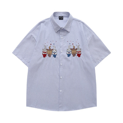 𝔼mbro 𝕊hirt𒉽日式復古可愛貓咪刺繡短袖百搭休閒襯衫 (藍色)