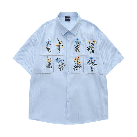 𝔼mbro 𝕊hirt𒉽日式復古花卉刺繡華夫格百搭寬鬆襯衫  Y30