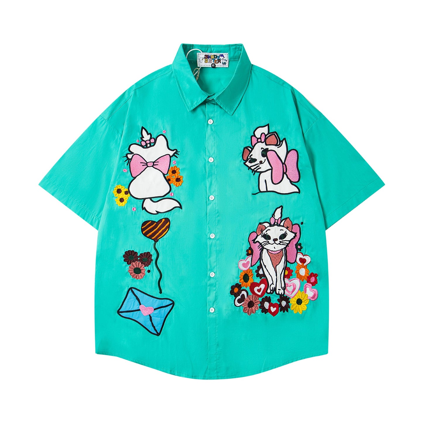 𝔼mbro 𝕊hirt𒉽美式復古貓咪刺繡寬鬆襯衫 3M-79