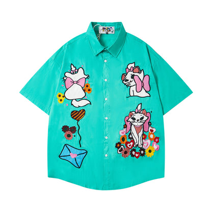 𝔼mbro 𝕊hirt𒉽美式復古貓咪刺繡寬鬆襯衫 3M-79
