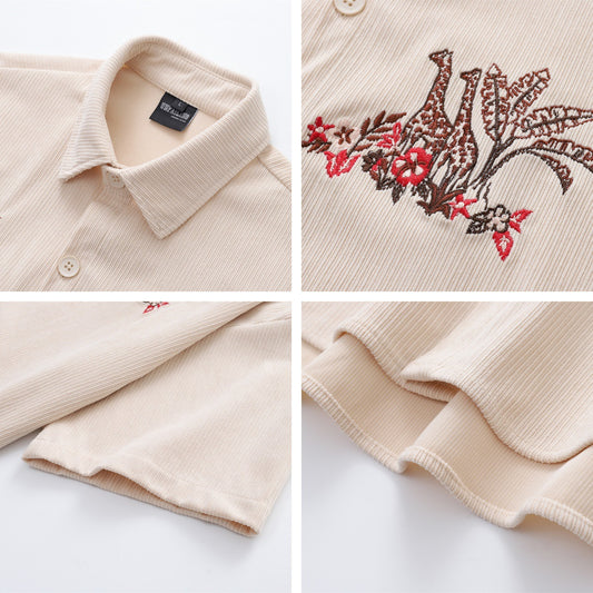 𝔼mbro 𝕊hirt𒉽美式復古可愛長頸鹿刺繡燈芯絨短袖休閒襯衫 YD-10