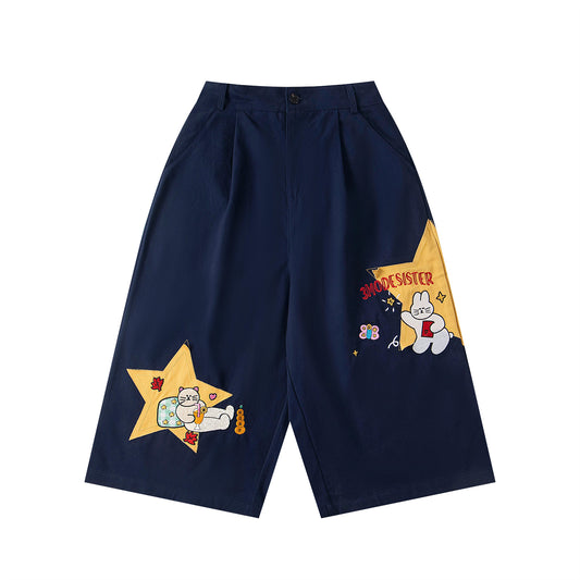 𖥟𝕽𝖊𝖑𝖆𝖝𝖊𝖉 𝖋𝖎𝖙  ☞美式復古卡通貼布繡七分褲M-22