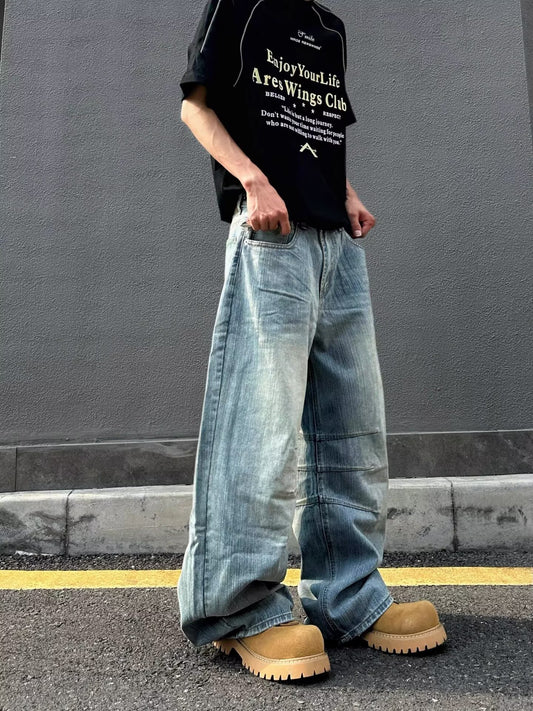 Cleanfit 美式復古直筒摺皺牛仔褲