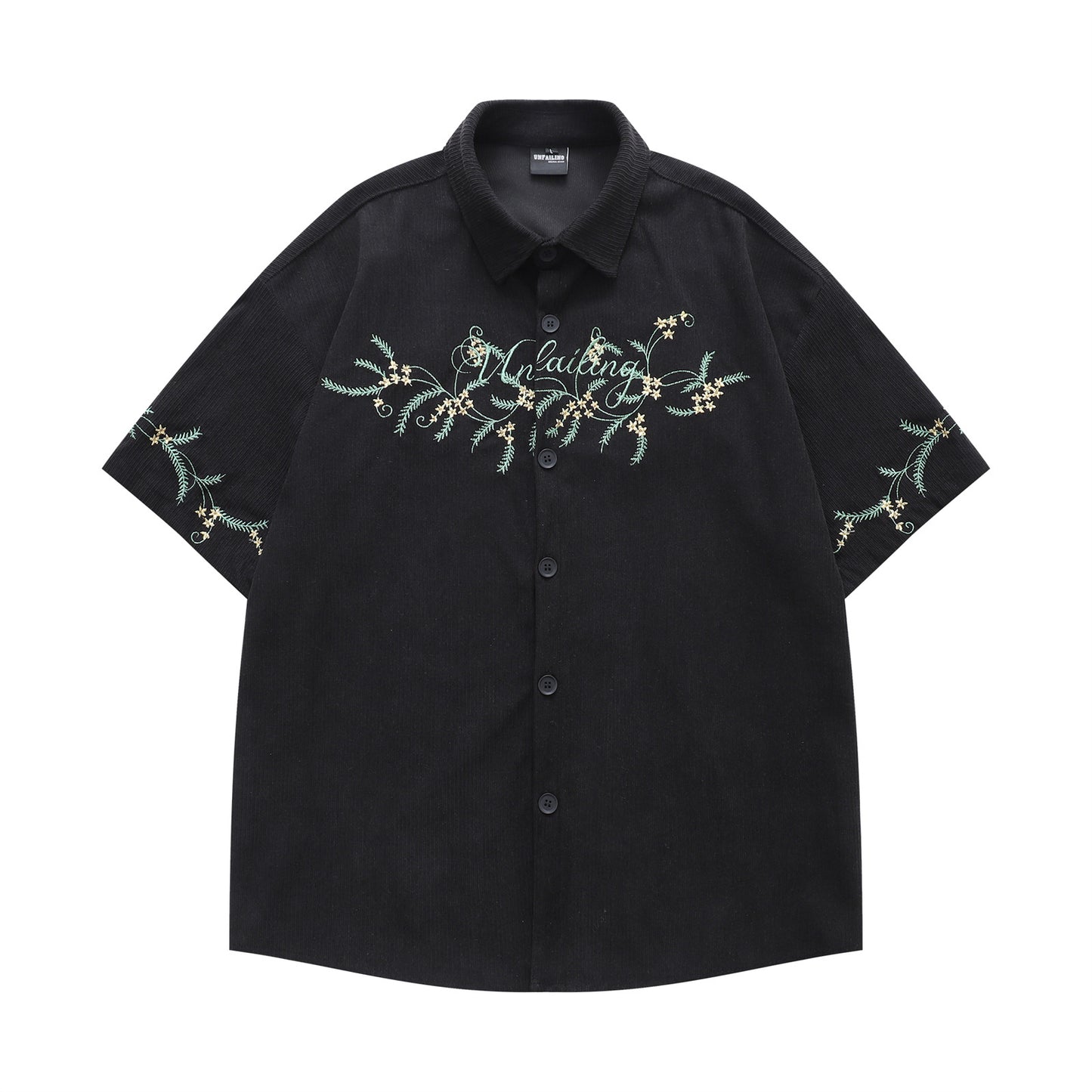 𝔼mbro 𝕊hirt𒉽美式復古花卉刺繡燈芯絨短袖寬鬆襯衫Y-7