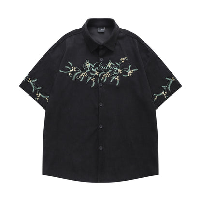 𝔼mbro 𝕊hirt𒉽美式復古花卉刺繡燈芯絨短袖寬鬆襯衫Y-7