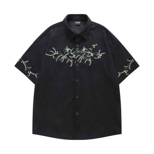 𝔼mbro 𝕊hirt𒉽美式復古花卉刺繡燈芯絨短袖寬鬆襯衫Y-7