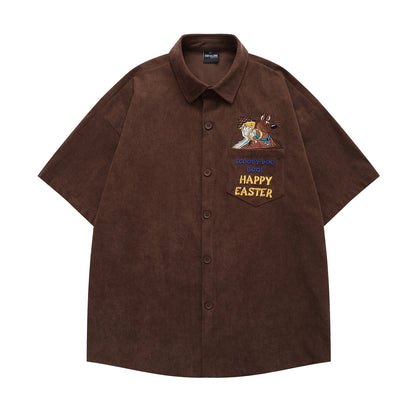 𝔼mbro 𝕊hirt𒉽美式復古趣味卡通燈芯絨短袖寬鬆襯衫 YD-86