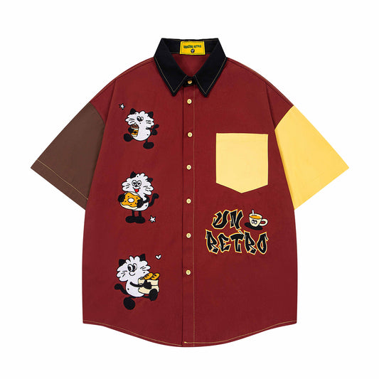 𝔼mbro 𝕊hirt𒉽美式復古趣味動物拼貼刺繡寬鬆襯衫U-33