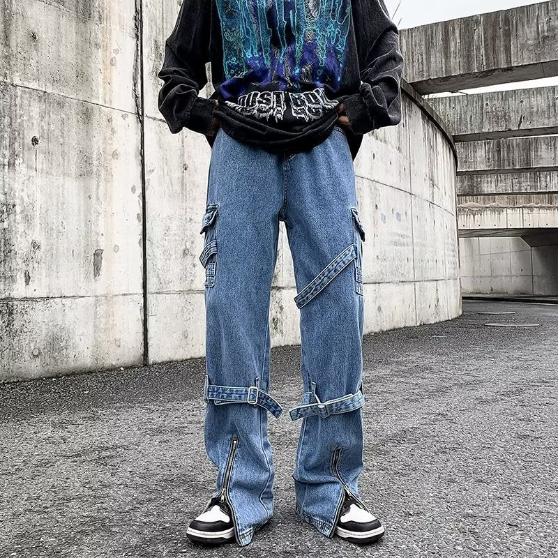 ♜  𝔽𝕦𝕤𝕚𝕠𝕟 𝔽𝕠𝕔𝕦𝕤  𖥟 𝖏𝖊𝖆𝖓𝖘  ☞新款藍色牛仔褲時尚寬鬆休閒褲潮流褲腳拉鏈設計直筒褲 D-103