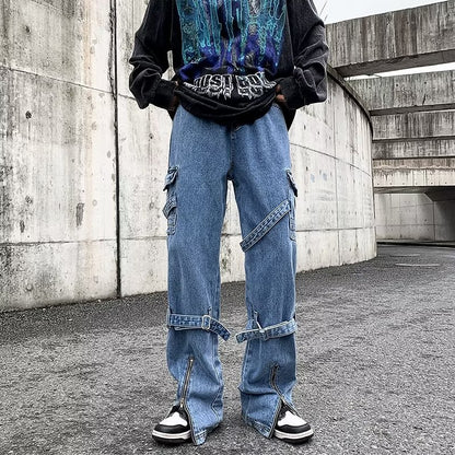 ♜  𝔽𝕦𝕤𝕚𝕠𝕟 𝔽𝕠𝕔𝕦𝕤  𖥟 𝖏𝖊𝖆𝖓𝖘  ☞新款藍色牛仔褲時尚寬鬆休閒褲潮流褲腳拉鏈設計直筒褲 D-103