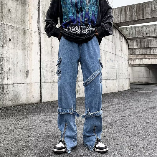 ♜  𝔽𝕦𝕤𝕚𝕠𝕟 𝔽𝕠𝕔𝕦𝕤  𖥟 𝖏𝖊𝖆𝖓𝖘  ☞新款藍色牛仔褲時尚寬鬆休閒褲潮流褲腳拉鏈設計直筒褲 D-103